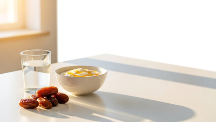 Healthy Ramadan suhoor with yogurt water and dates and large copy space