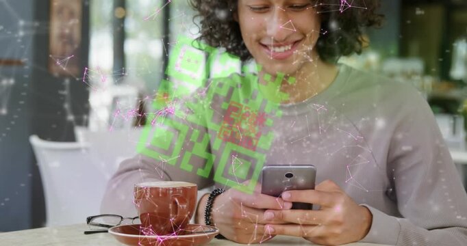Animation of percent and unk binary coding over woman using smartphone