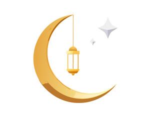 Vector greeting card for Ramadan or Eid with a crescent moon, traditional lantern (Fanous), and Islamic patterns, gold and deep blue colors.