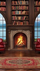 Naklejka premium Cozy Library Room: A warm, inviting library with a crackling fireplace, bookshelves, comfortable chairs, and a scenic view create a haven for relaxation and reading.