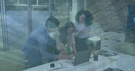 Animation of infographic interface, diverse female manager explaining reports to coworkers on laptop - Powered by Adobe