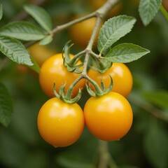 Yellow cherry tomatoes hanging on a branch. Fresh harvest, organic products, perfect for cooking and healthy eating.