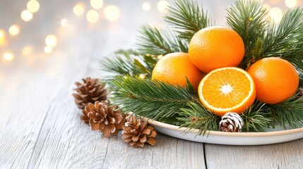 Festive Fruit Feast: A seasonal arrangement of vibrant oranges, evergreen sprigs, and pine cones on a decorative plate, set against a backdrop of twinkling lights.