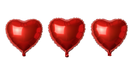 Red heart balloons, shiny and reflective, isolated on transparent background
