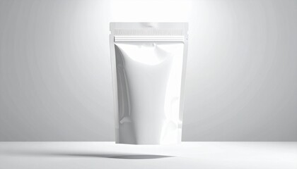 Empty white flexible stand-up pouch packaging mockup, ready for product branding and label design, presented floating against a bright background, emphasizing its versatile commercial display