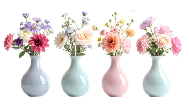 Four vases in pastel colors, each holding a vibrant bouquet of various colorful flowers