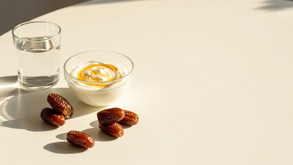 Healthy Ramadan suhoor with yogurt water and dates and large copy space