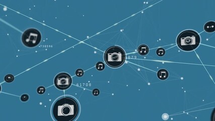 Animation of network of connections and digital icons against blue background - Powered by Adobe