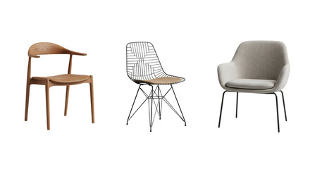 Three modern chairs, isolated on transparent background