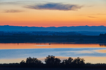 Fototapeta premium Sarinena lake at dusk. Bird watching area. Huesca, Aragon. Spain