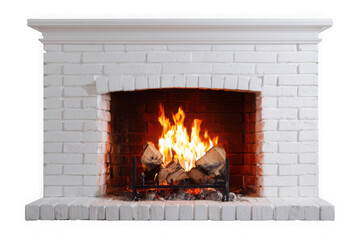 Cozy fireplace with burning logs isolated on transparent background
