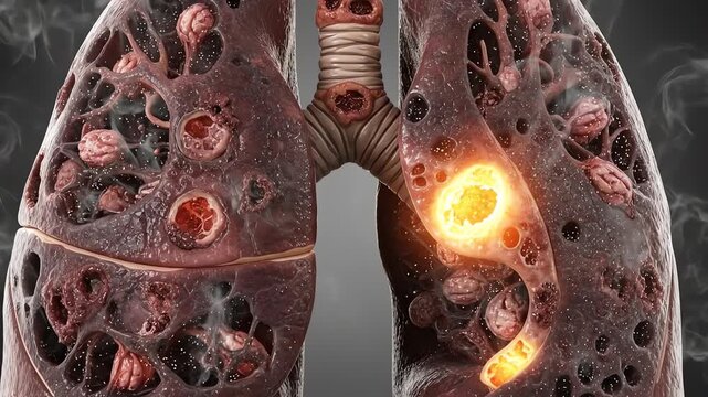 Detailed medical illustration of lungs with multiple tumorous lesions.