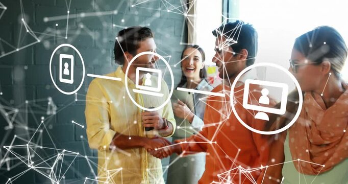 Animation of flowchart and connected dots over diverse coworkers talking and shaking hands in office