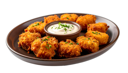 Golden fried, crispy, savory appetizer nuggets with dipping sauce on a brown plate