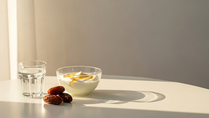 Healthy Ramadan suhoor with yogurt water and dates and large copy space