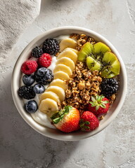 healthy breakfast bowl with fruits clean minimal background natural light commercial food photography