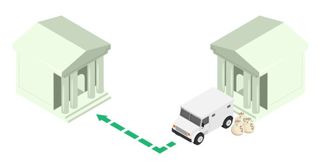 Isometric collector bank car at the entrance to bank loading of money bags for transportation. Isolated cartoon vector on white background top view