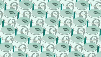 Isometric dollar bills rolled into a tight bundle tied. 3D vector background top view at an angle