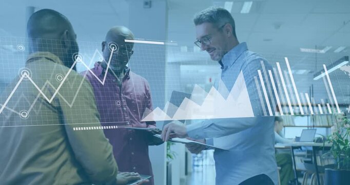 Animation of multiple graphs loading bars, map over diverse coworkers sharing ideas in office