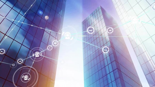 Animation of connected icons with lens flares over low angle view of buildings