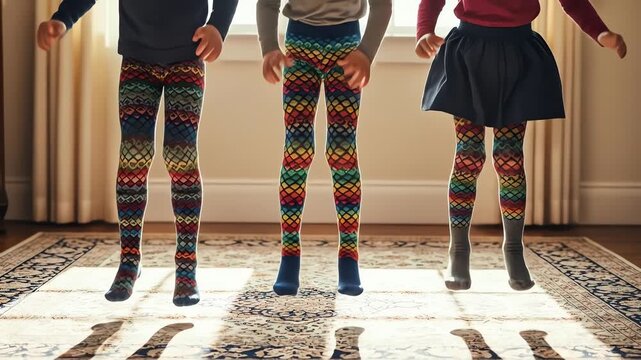 Three children wearing colorful patterned tights standing indoors on a rug.
