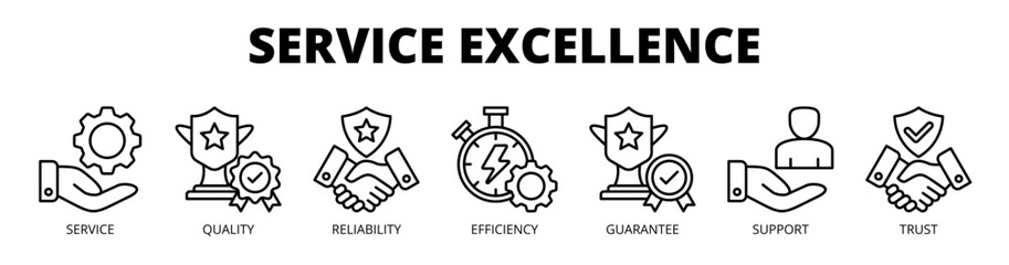 Service excellence web banner icon vector illustration concept for service quality with icon of service, quality, reliability, efficiency, guarantee, support, and trust.