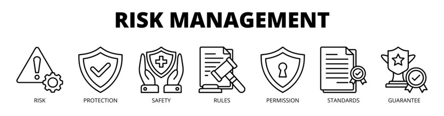 Risk management web banner icon vector illustration concept for business safety with icon of risk, protection, safety, rules, permission, standards, and guarantee.