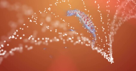 Animation of dna strand over globe on orange background - Powered by Adobe