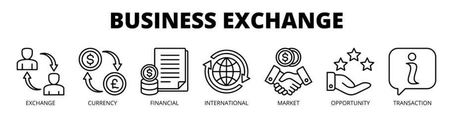 Business exchange web banner icon vector illustration concept for financial transactions with icon of exchange, currency, financial, international, market, opportunity, and transaction.