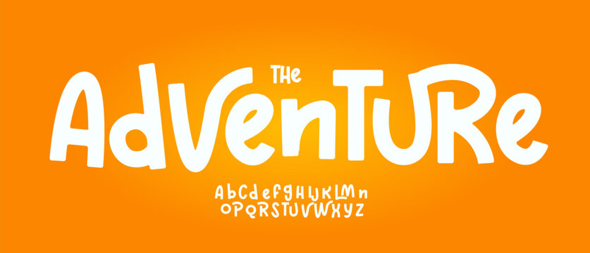 Adventure font modern bouncy typeset, lively friendly alphabet. Playful cheerful letters in Los Muertos Mexican style for menus, labels, signage, ads, crafts and comic book. Vector typographic design