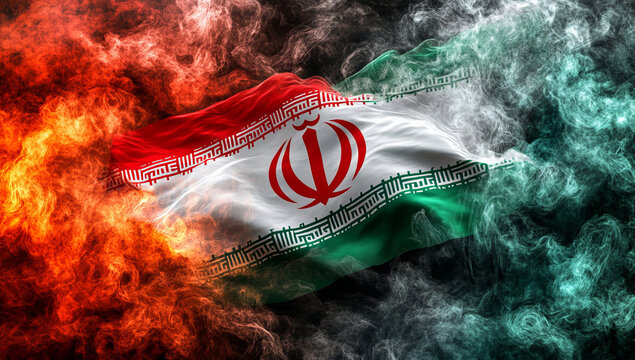  iranian flag with smoke on a black background