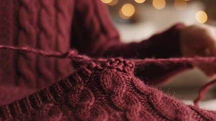 A close-up of a person?s hands skillfully knitting a maroon sweater, with a softly blurred cozy background featuring warm lights, creating a serene atmosphere perfect for crafting