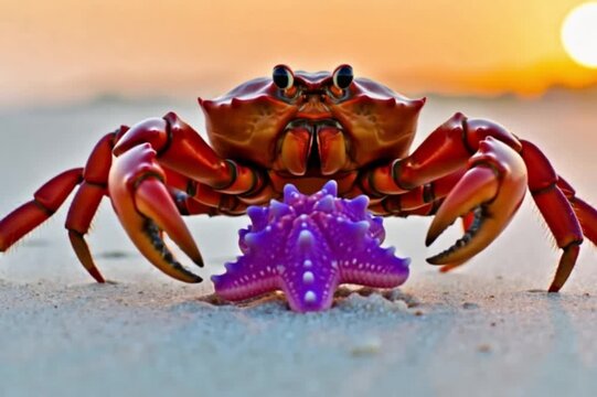 a crab on the beach carries a starfish