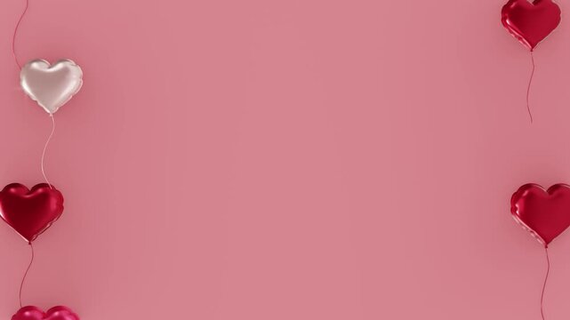 Horizontal 3d Valentine heart balloon frame border flying loop animation copyspace background banner template pink red white helium floating romantic cupid February holiday greeting card gift surprise