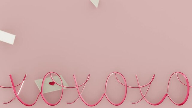 Horizontal 3d Valentine ribbon xoxo kiss hug envelope falling loop animation letter mail heart banner template mockup wallpaper pink romantic background cupid February holiday greeting card invitation