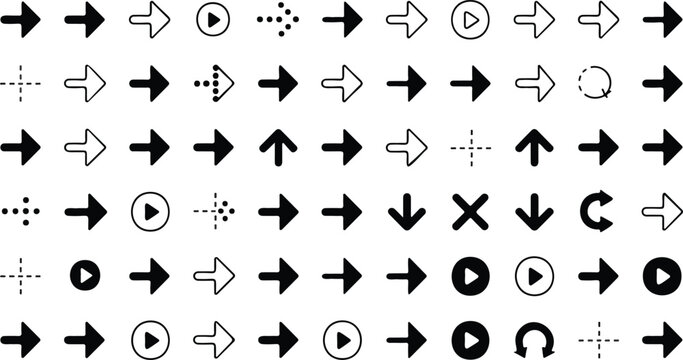 Arrow icon set. Arrow. Cursor. Black vector arrows icons. Collection different arrows sign. Modern simple arrows. Black arrow pointing to the right. Black direction pointer. Vector illustration.