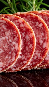 Artistic closeup of salami slices aligned with fresh rosemary on dark reflective surface against black background, food photography