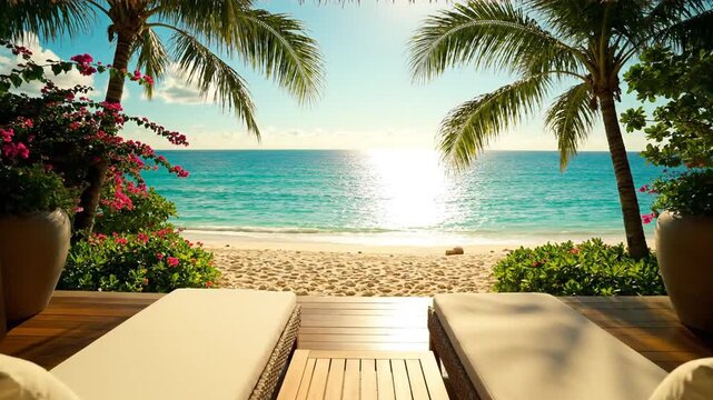 Serene beachfront view from a cozy lounge area, showcasing palm trees and vibrant flowers, with a tranquil ocean and sunlit horizon in the background, perfect for relaxation