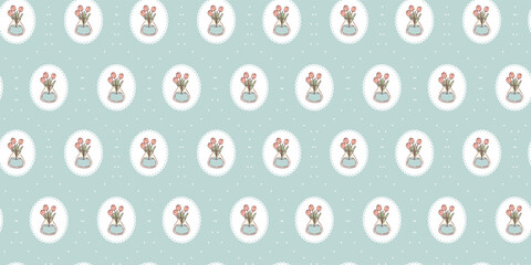 Bouquet of tulips in vase seamless pattern on blue background for textile prints, wallpapers, backgrounds, stationery, scrapbooking, etc. EPS 10