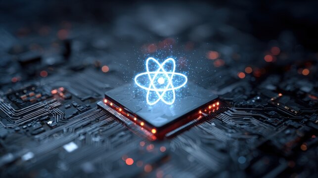 Advanced Quantum Computing Concept with Glowing Blue Atom Symbol on Microchip Processor and Futuristic Electronic Circuit Board Background for Science Technology Innovation and Cyber Digital Data - Powered by Adobe