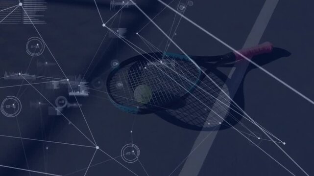 Tennis racket lying flat on blue court, showing glowing network lines, HUD nodes in flat design