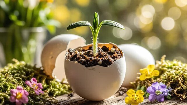 A delicate sprout emerging from a cracked eggshell, surrounded by vibrant flowers and soft moss, symbolizing new life and growth in a serene, sunlit garden setting