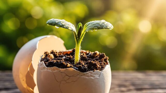 A sprouting seedling emerges from a cracked eggshell, symbolizing new beginnings and growth, set against a blurred green background of nature, evoking feelings of renewal and hope
