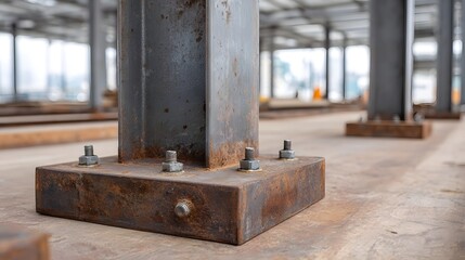 Close up view of rusted steel column bases with anchor bolts secured on a concrete floor in an industrial construction setting