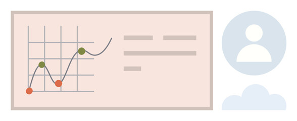 Data analysis, business strategy, market trends, user engagement, corporate planning, digital tracking. Line chart with data points on a board beside a user profile symbol. Data analysis and business