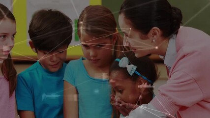 Teacher placing hand on desk and guiding students tapping laptop trackpad for interactive learning - Powered by Adobe