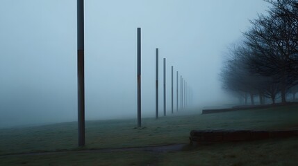 Obraz premium A row of tall poles disappears into the thick fog blanketing a serene natural landscape