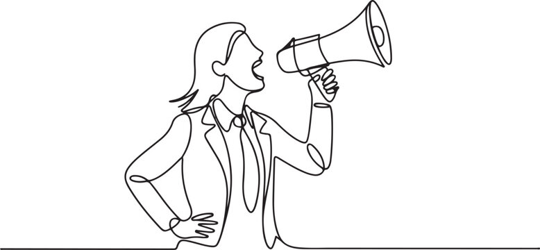 Single continuous line drawing of young angry businesswoman shouting loudly using megaphone to train her speak. Public speaking practice concept. one line Icon drawing