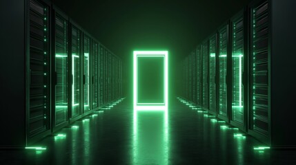 Backend systems feature green glow in center with rows of servers on either side