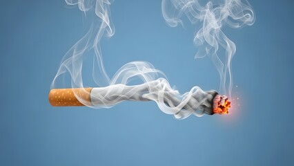 Lit Cigarette Emitting Smoke on Blue Background